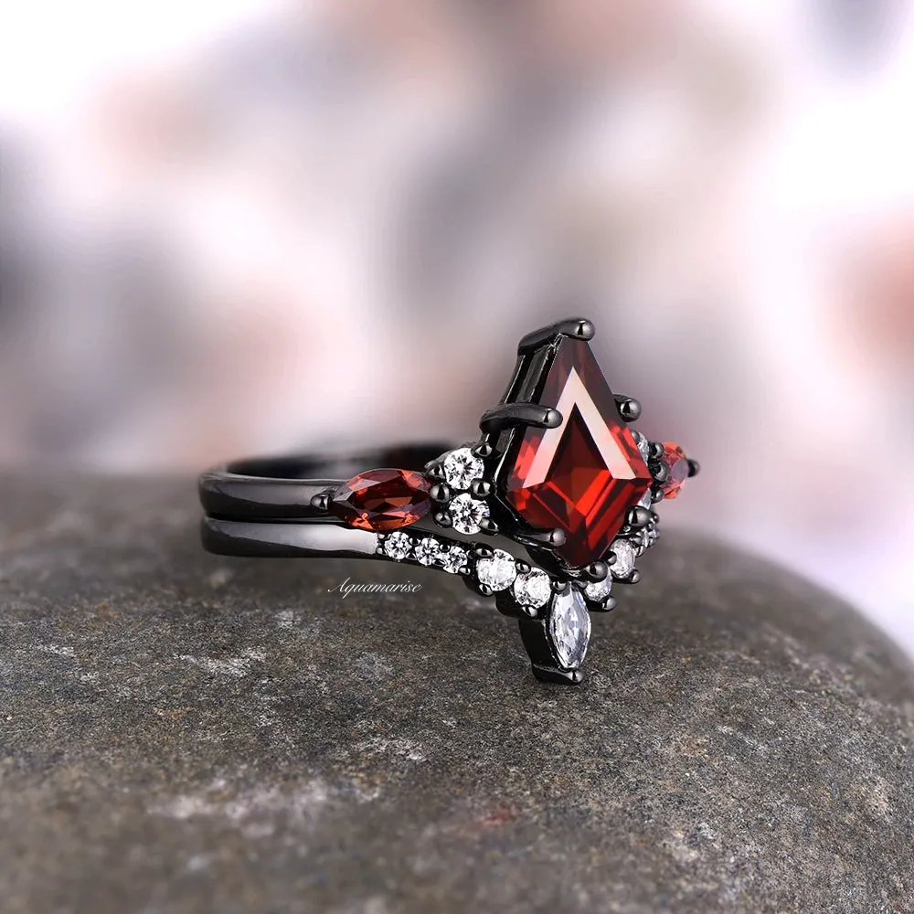 Skye Natural Red Garnet Kite Engagement Ring Set- Black Rhodium Filled