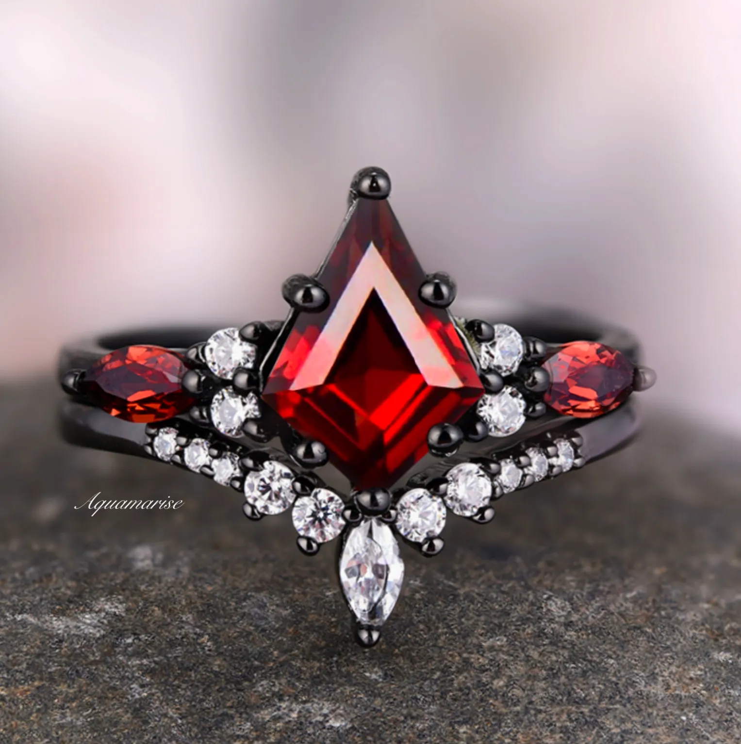 Skye Natural Red Garnet Kite Engagement Ring Set- Black Rhodium Filled