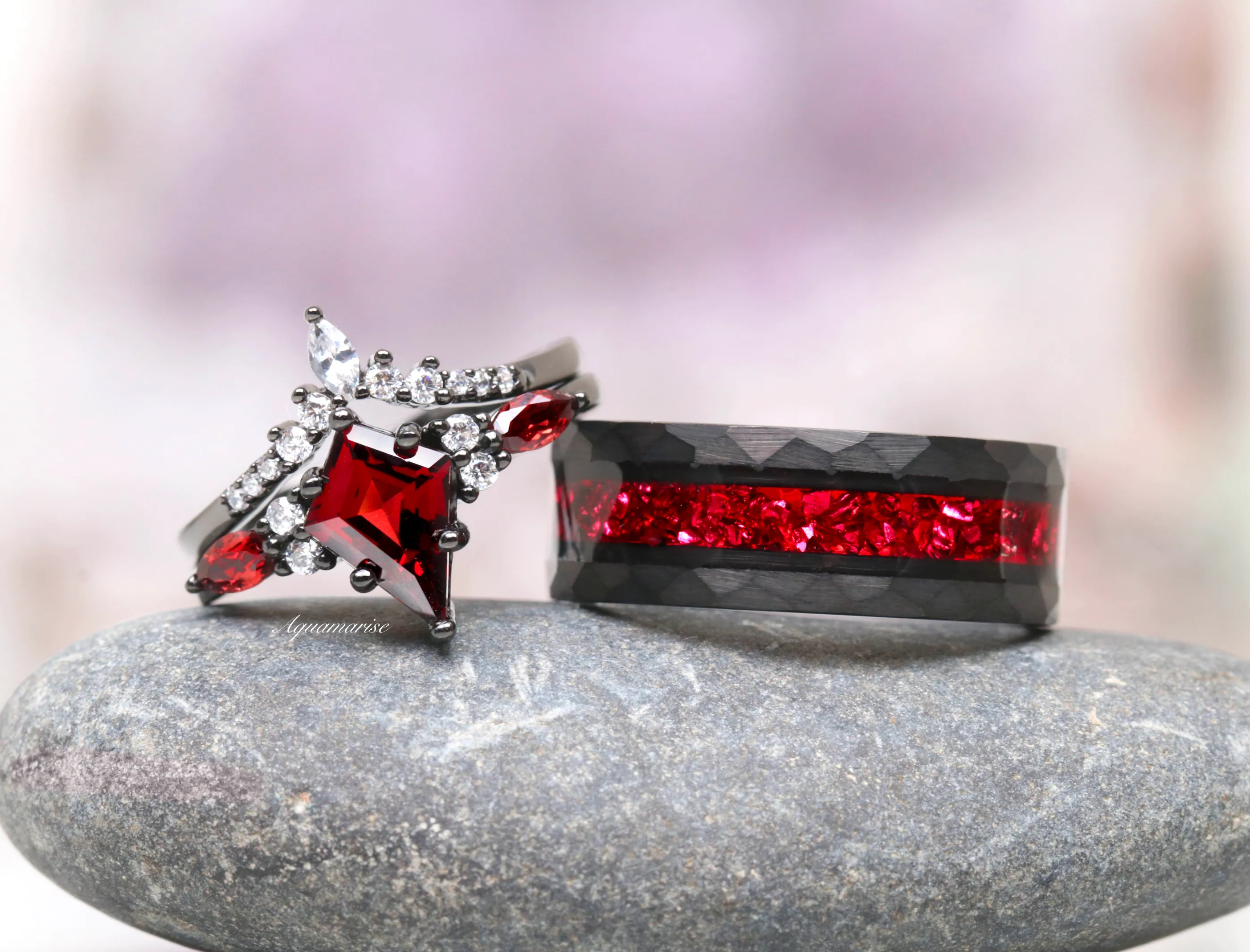 Skye Natural Red Garnet Kite Engagement Ring Set- Black Rhodium Filled