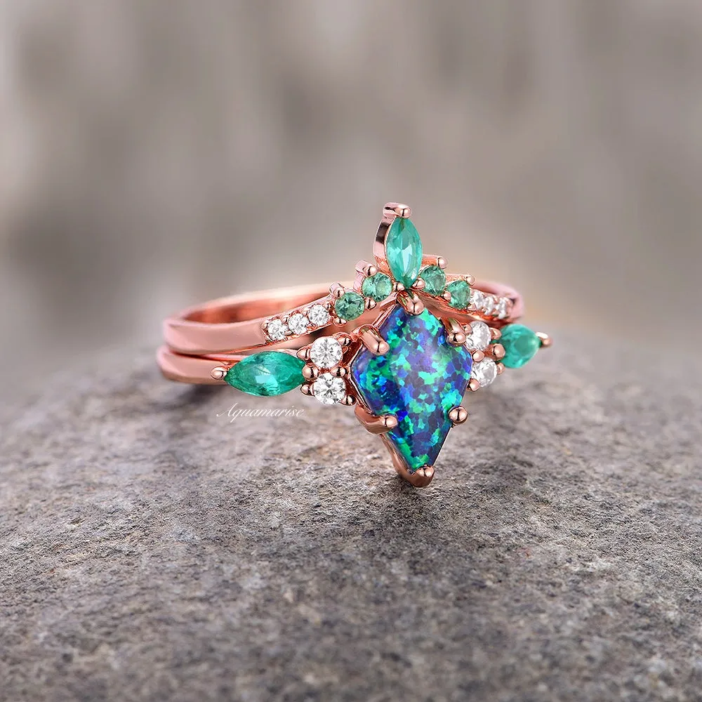 Skye Peacock Opal & Emerald Engagement Ring Set- 14K Rose Gold Vermeil