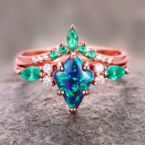 Skye Peacock Opal & Emerald Engagement Ring Set- 14K Rose Gold Vermeil