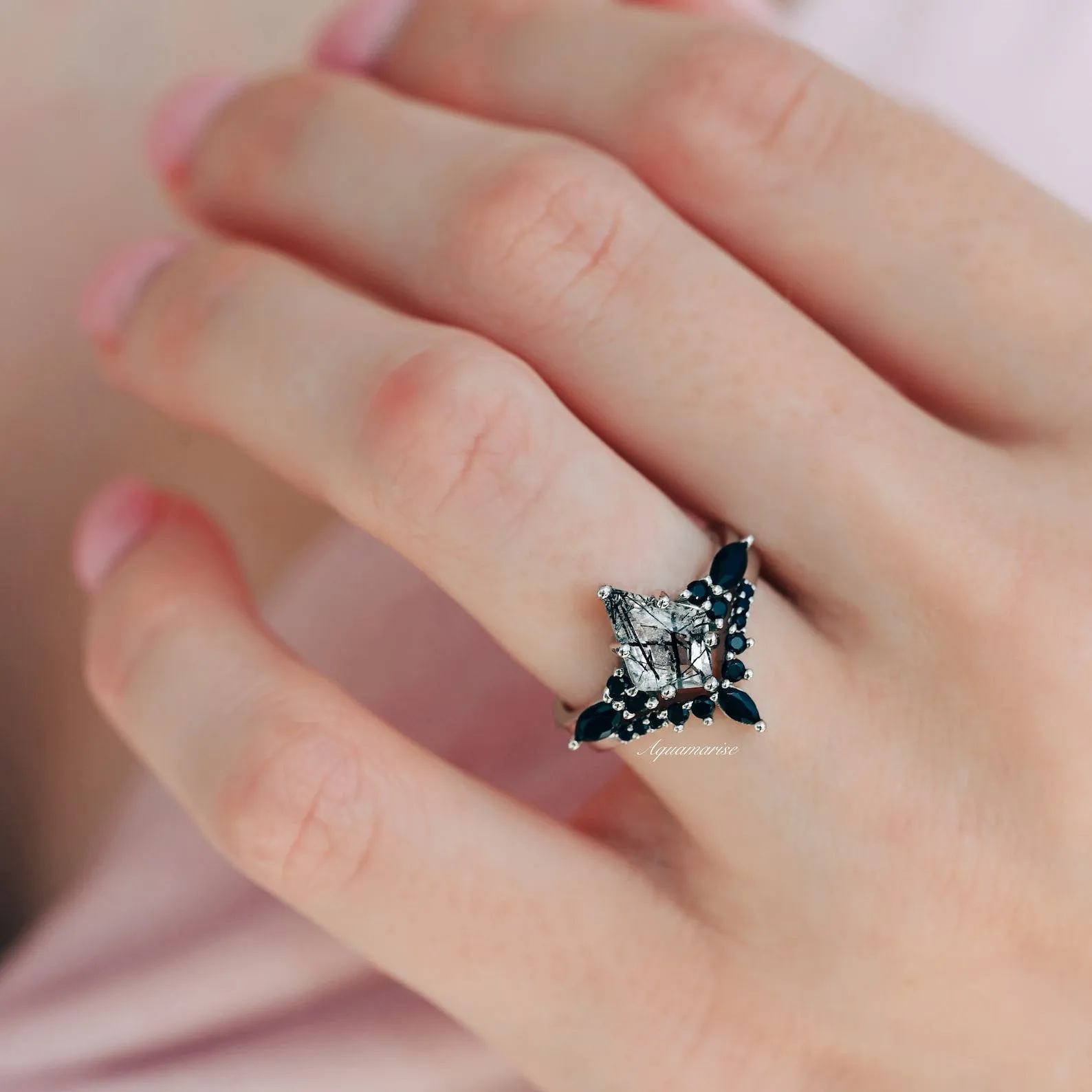 Skye Rutilated Quartz & Black Onyx Ring Set- Sterling Silver