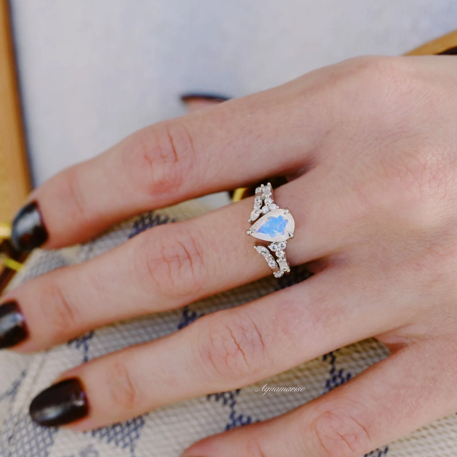 Teardrop Natural Moonstone Ring Set - Sterling Silver