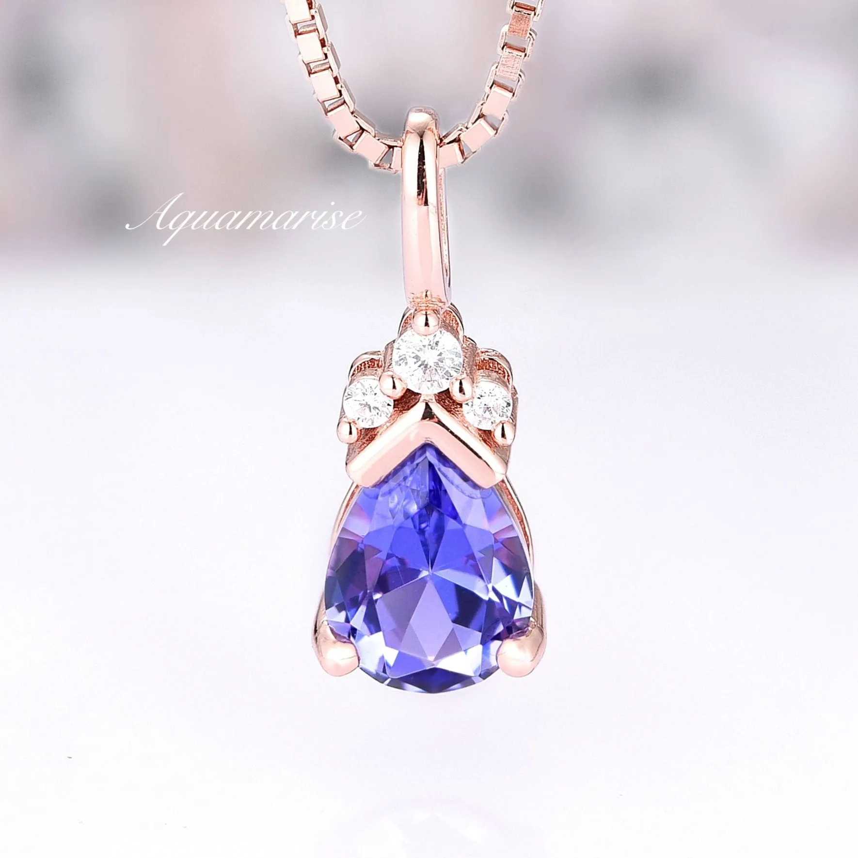 Teardrop Tanzanite Pendant Necklace- 14K Rose Gold Vermeil