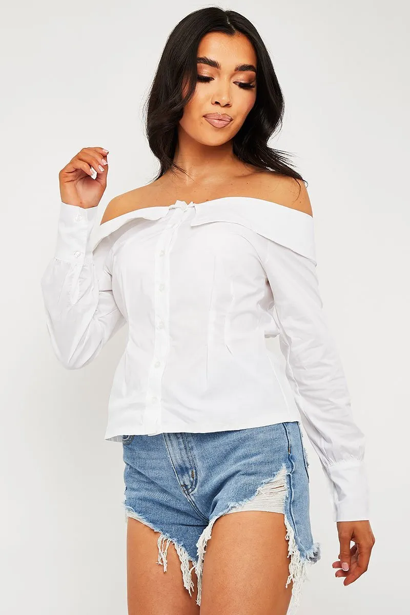 White Bardot Button Front Shirt Top - Rainee