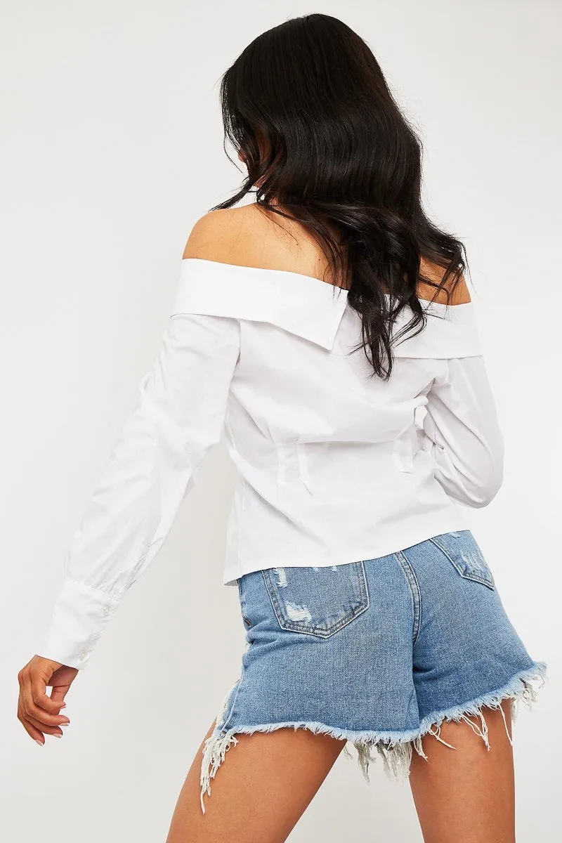 White Bardot Button Front Shirt Top - Rainee