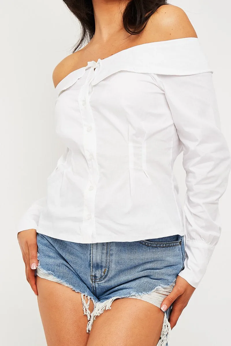 White Bardot Button Front Shirt Top - Rainee