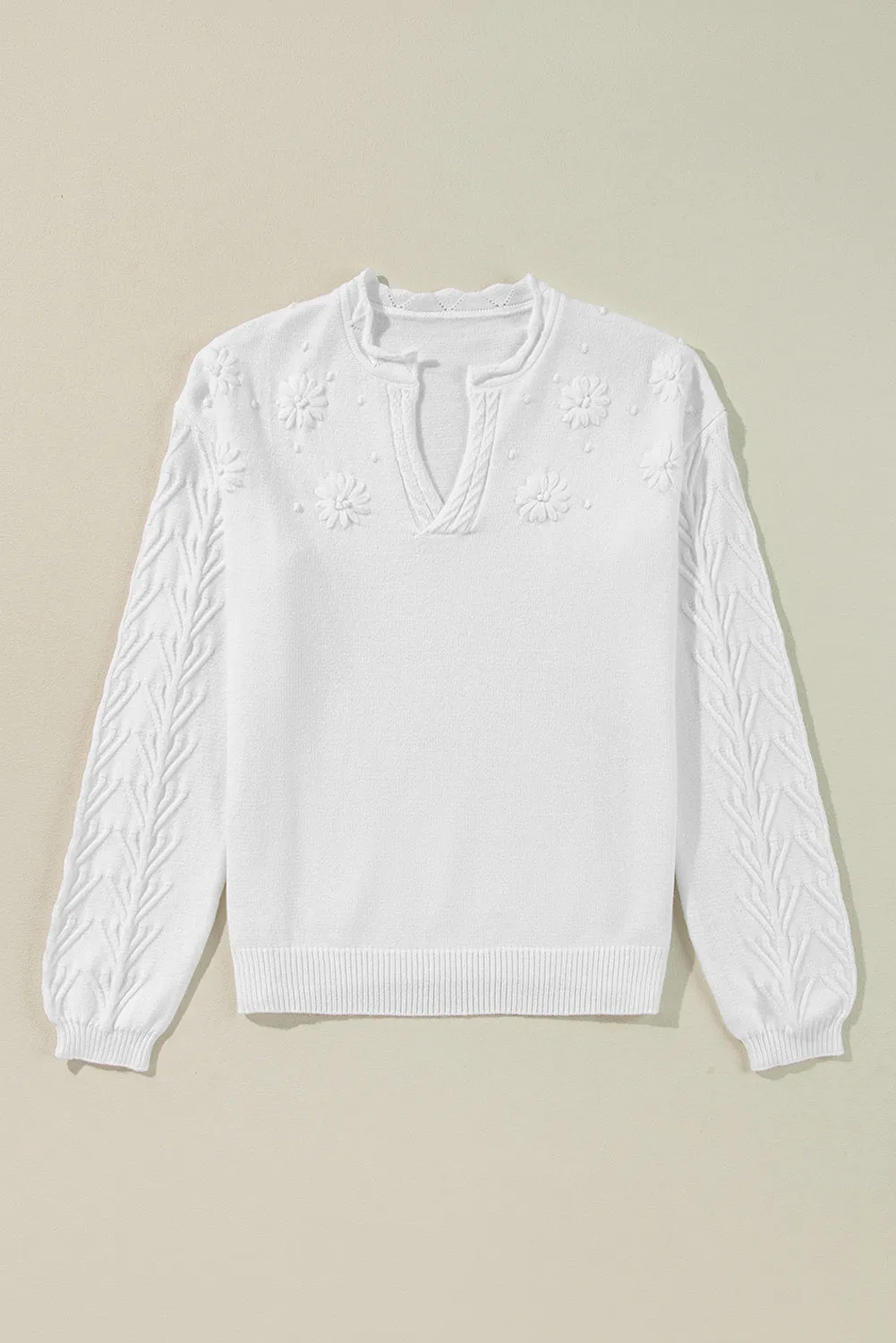 White Flower Detail Knitted Notched Neck Sweater