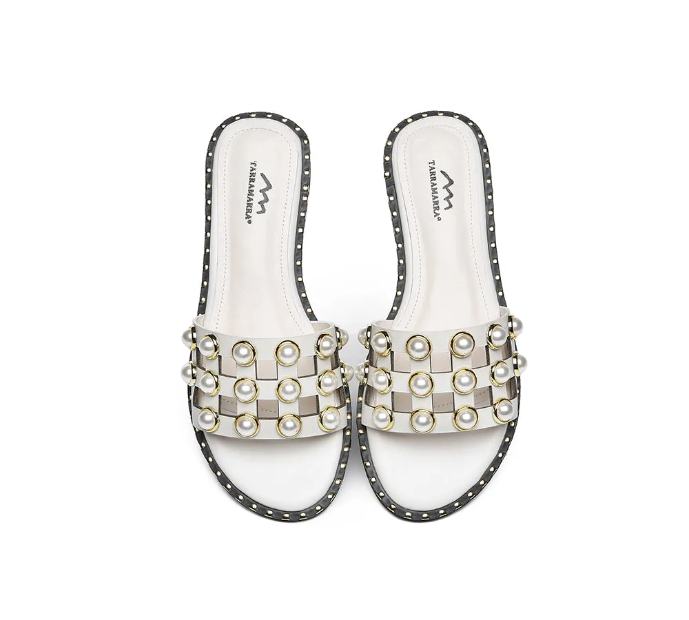 Women Leather Flats Slides With Pearls Junia