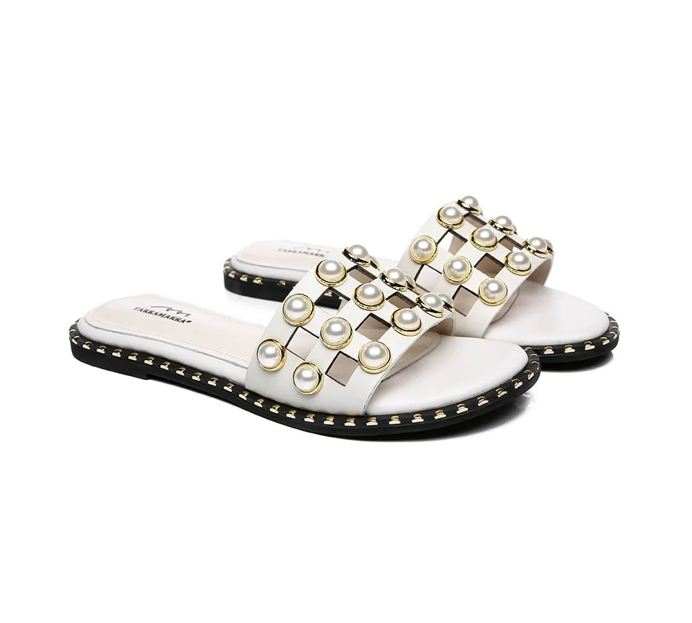 Women Leather Flats Slides With Pearls Junia