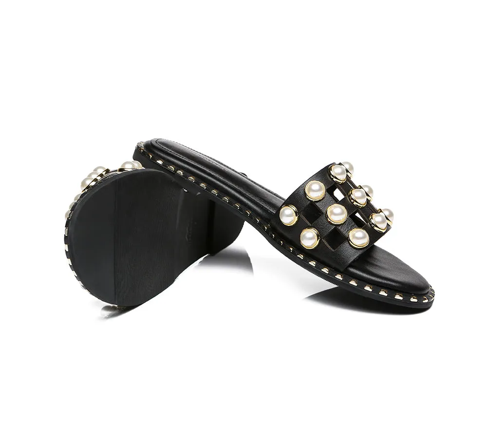 Women Leather Flats Slides With Pearls Junia