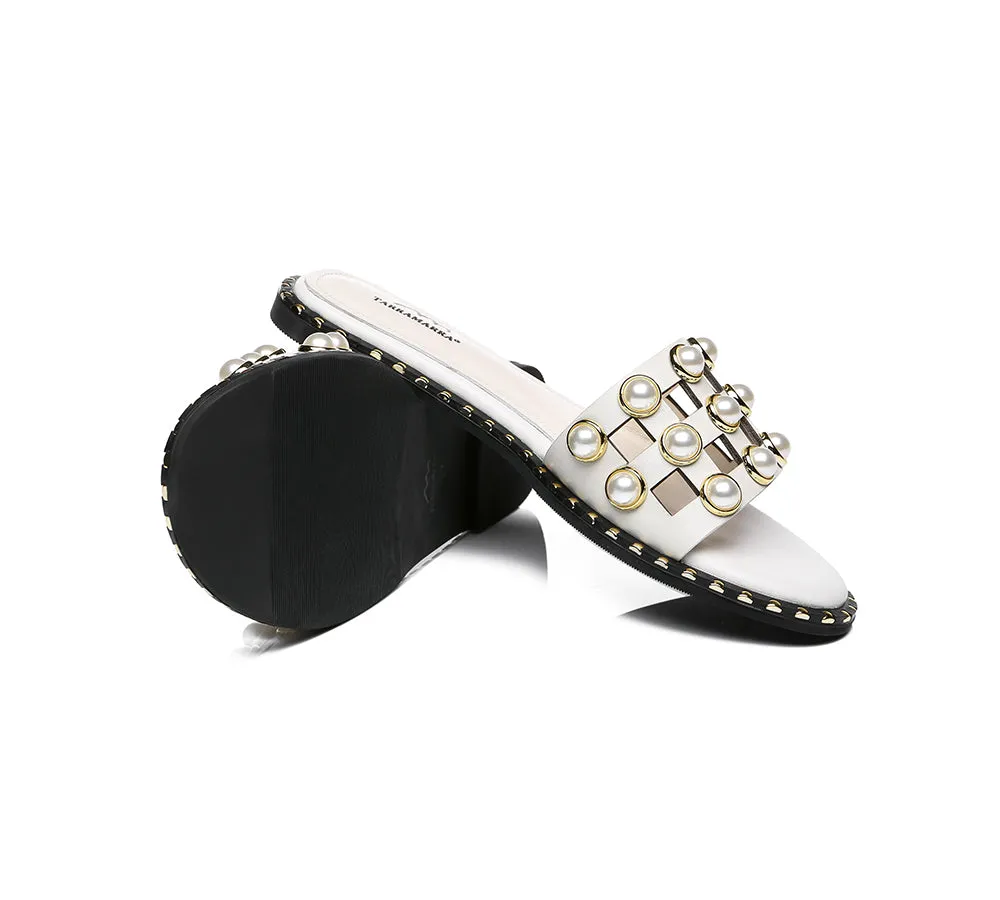 Women Leather Flats Slides With Pearls Junia