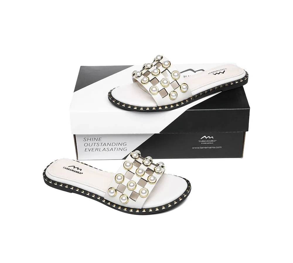 Women Leather Flats Slides With Pearls Junia