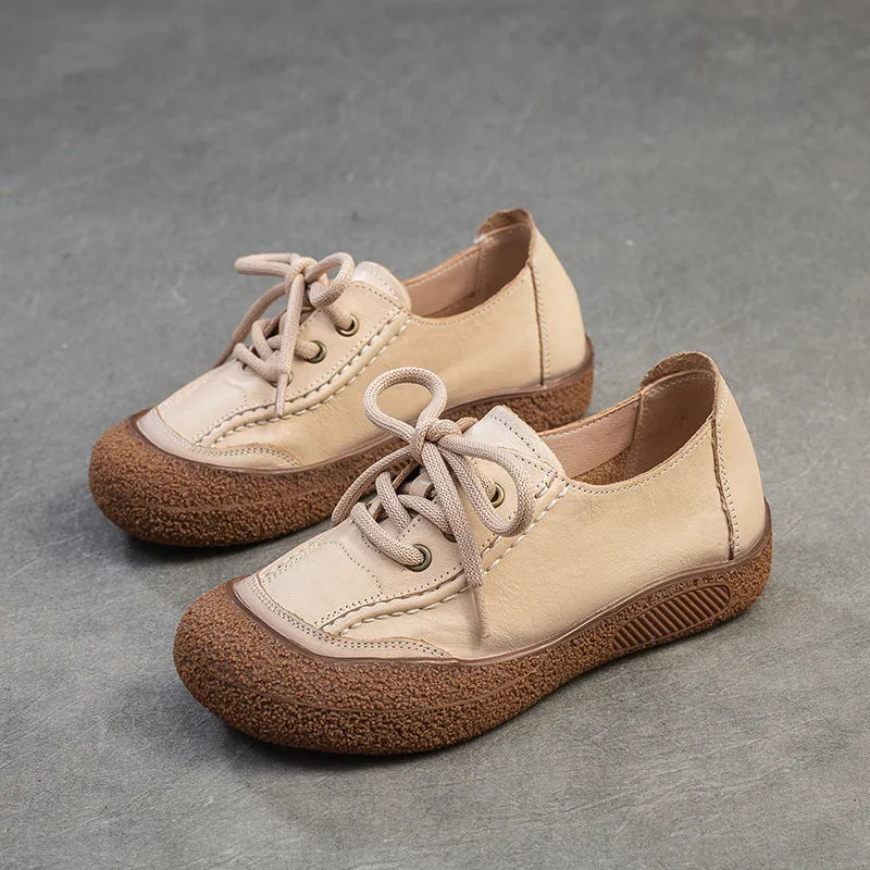 Women Retro Leather Lace-up Flat Casual Shoes