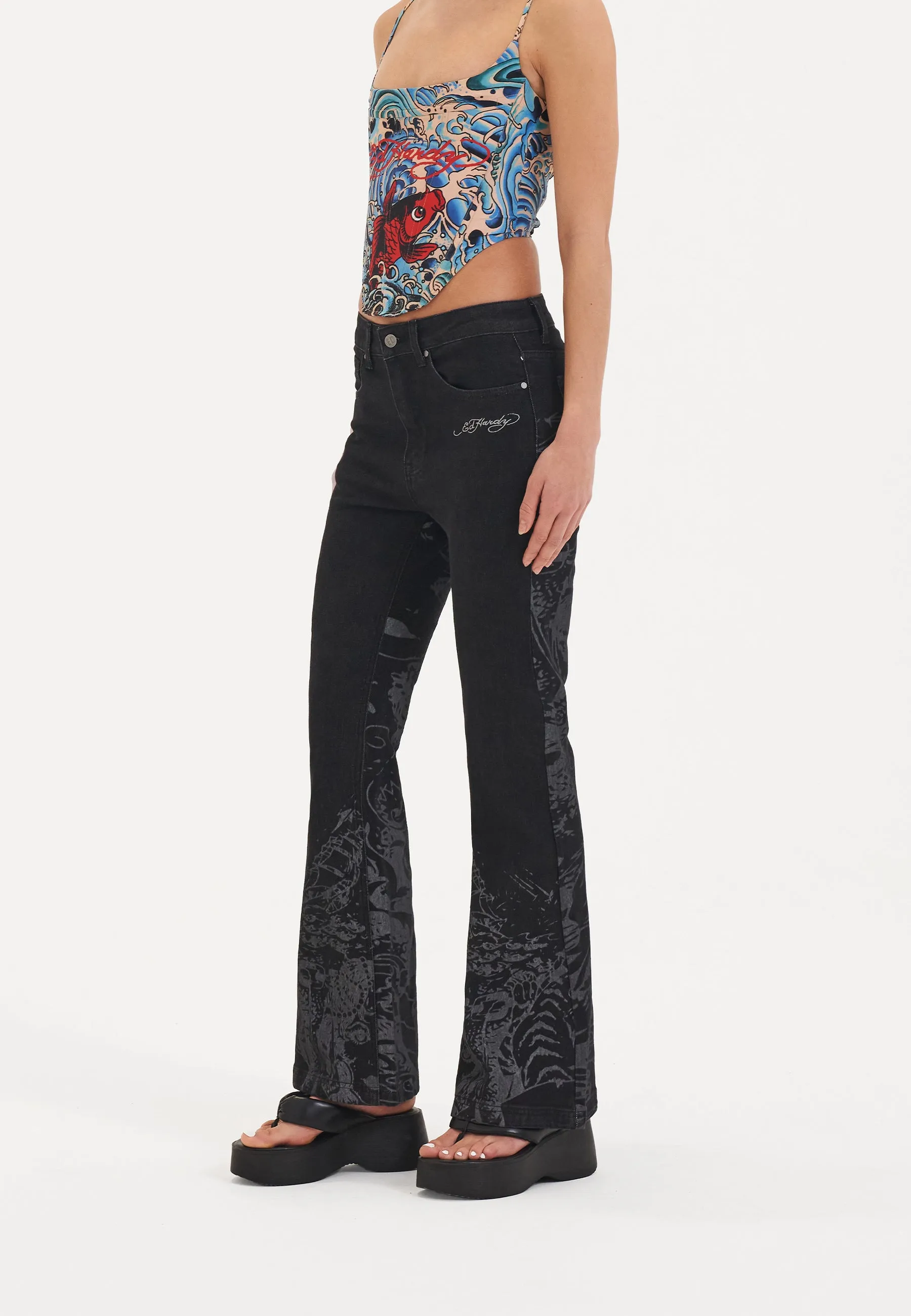 Womens Flash Sheet Flared Denim Trousers Jeans - Black