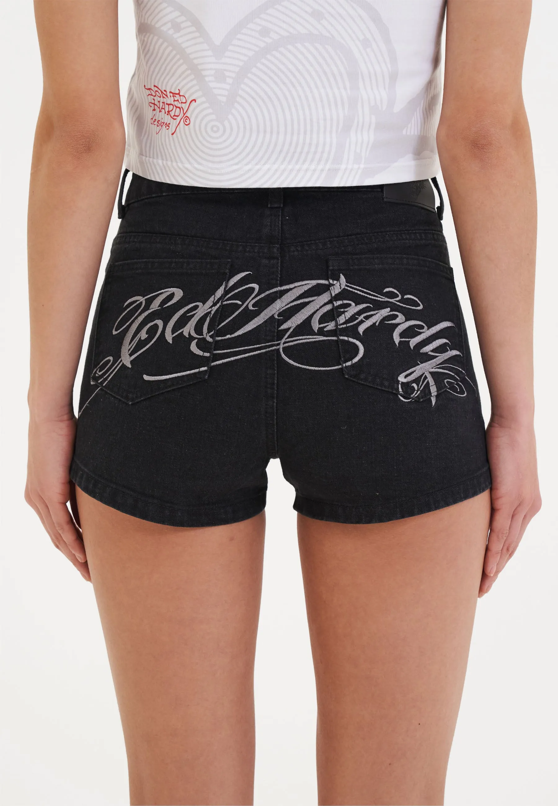 Womens Triple Heart Denim Jorts Shorts - Black